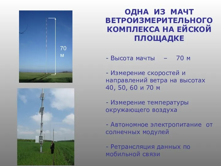 ОДНА ИЗ МАЧТ ВЕТРОИЗМЕРИТЕЛЬНОГО КОМПЛЕКСА НА ЕЙСКОЙ ПЛОЩАДКЕ - Высота мачты