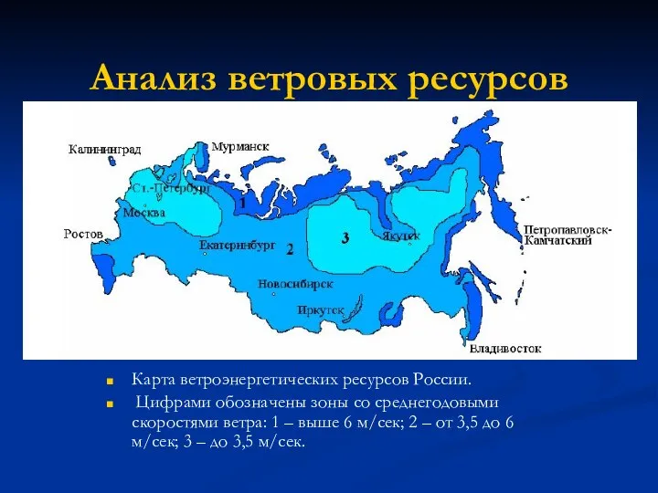 Анализ ветровых ресурсов Карта ветроэнергетических ресурсов России. Цифрами обозначены зоны со