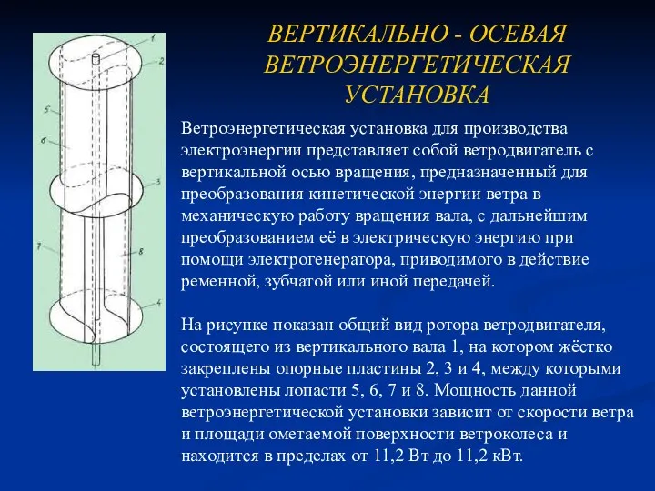 ВЕРТИКАЛЬНО - ОСЕВАЯ ВЕТРОЭНЕРГЕТИЧЕСКАЯ УСТАНОВКА Ветроэнергетическая установка для производства электроэнергии представляет