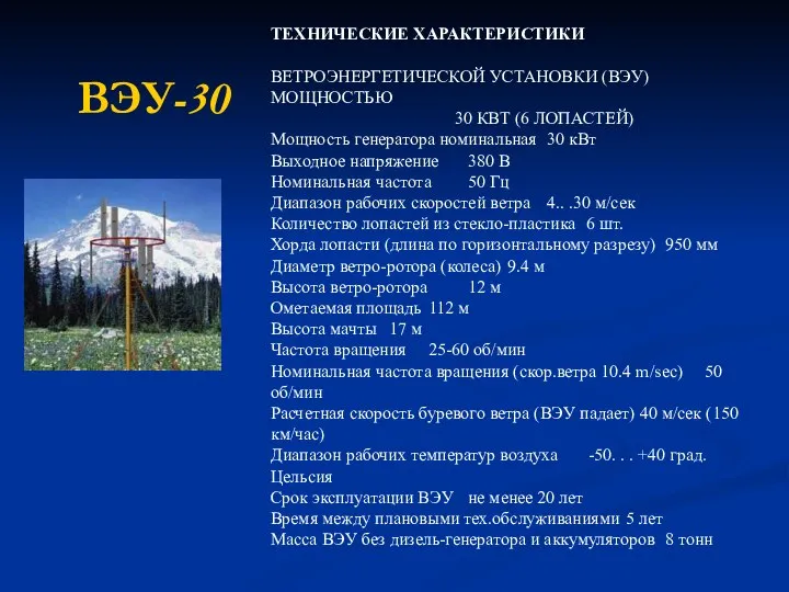 ВЭУ-30 ТЕХНИЧЕСКИЕ ХАРАКТЕРИСТИКИ ВЕТРОЭНЕРГЕТИЧЕСКОЙ УСТАНОВКИ (ВЭУ) МОЩНОСТЬЮ 30 КВТ (6 ЛОПАСТЕЙ)