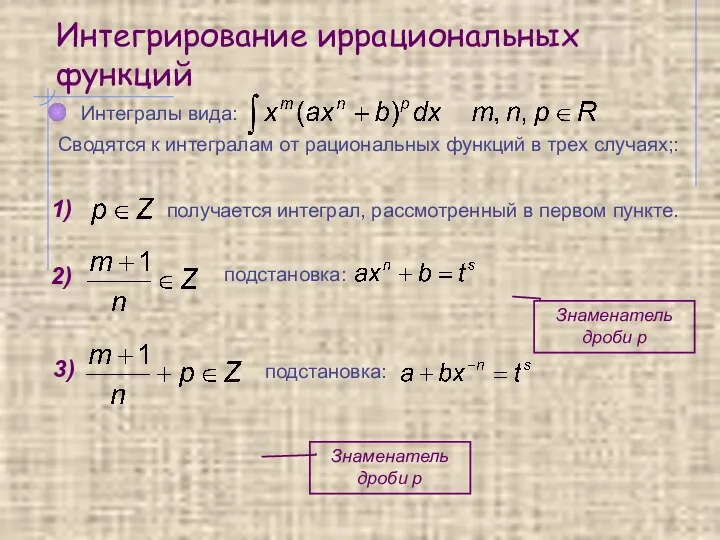 Интегрирование иррациональных функций 1) получается интеграл, рассмотренный в первом пункте. Интегралы