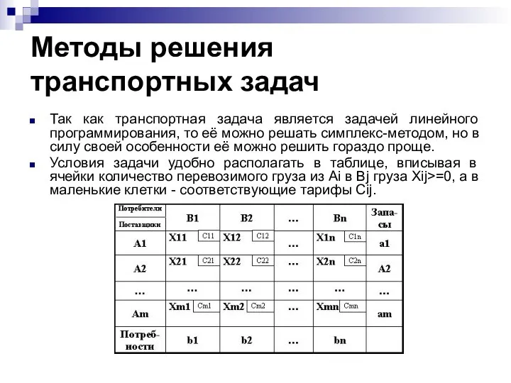 Методы решения транспортных задач Так как транспортная задача является задачей линейного