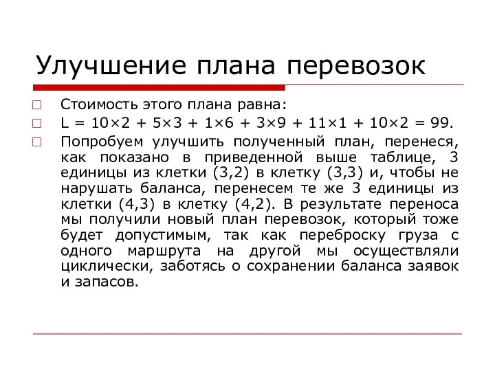 Улучшение плана перевозок Стоимость этого плана равна: L = 10×2 +