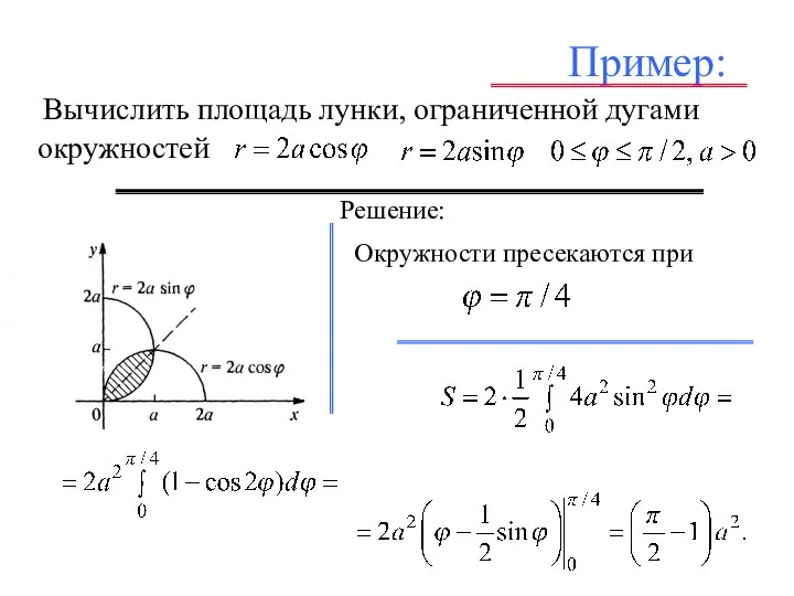 Пример: Вычислить площадь лунки, ограниченной дугами окружностей . Решение: , , . Окружности пресекаются при .