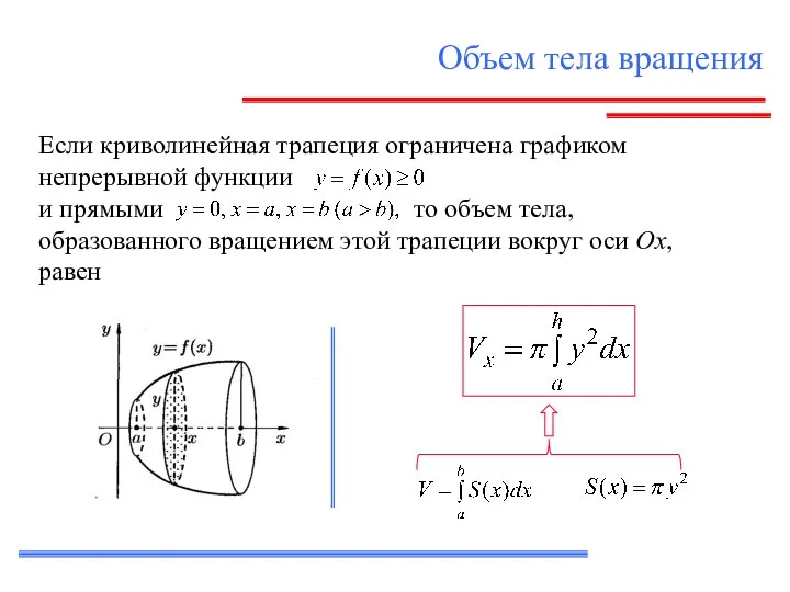 Объем тела вращения Если криволинейная трапеция ограничена графиком непрерывной функции и