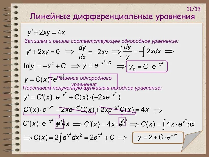 Линейные дифференциальные уравнения Решение однородного уравнения Запишем и решим соответствующее однородное