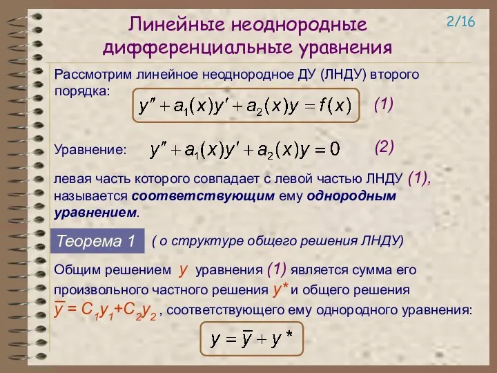 Линейные неоднородные дифференциальные уравнения Рассмотрим линейное неоднородное ДУ (ЛНДУ) второго порядка: