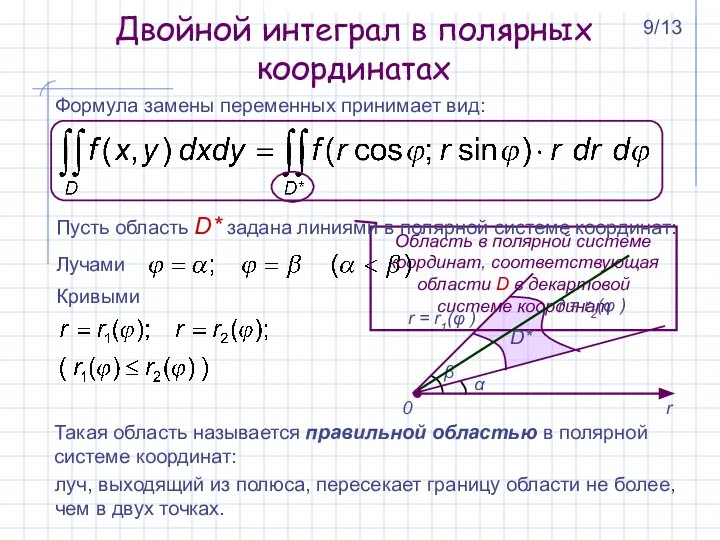 Формула замены переменных принимает вид: Двойной интеграл в полярных координатах Область