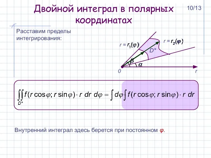 Расставим пределы интегрирования: Внутренний интеграл здесь берется при постоянном φ. Двойной