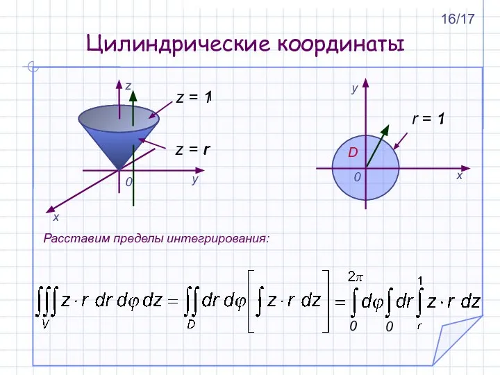 z = r Расставим пределы интегрирования: r 1 Цилиндрические координаты 0 0 1 16/17