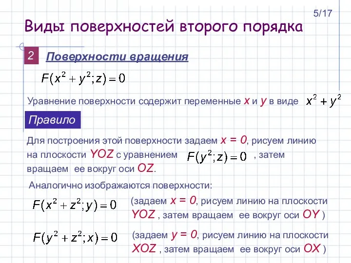 Поверхности вращения Уравнение поверхности содержит переменные x и y в виде