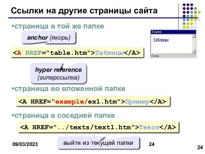 09/03/2023 Ссылки на другие страницы сайта Таблицы страница в той же