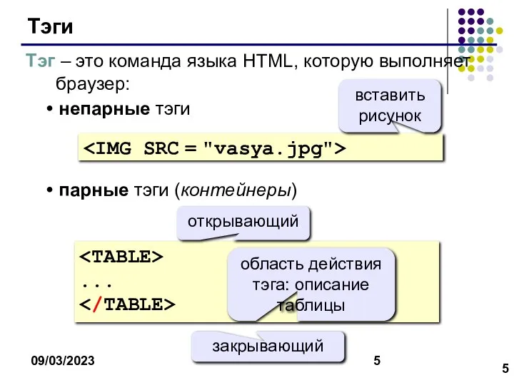 09/03/2023 Тэги Тэг – это команда языка HTML, которую выполняет браузер: