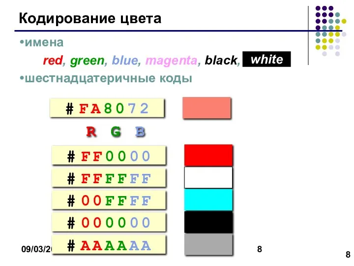 09/03/2023 Кодирование цвета имена red, green, blue, magenta, black, шестнадцатеричные коды