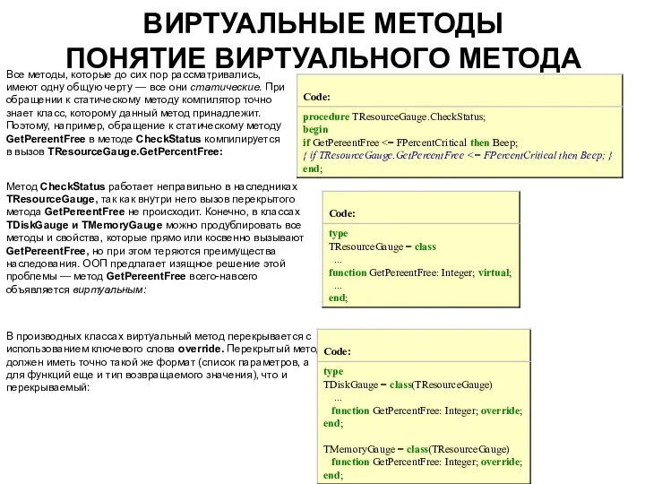 ВИРТУАЛЬНЫЕ МЕТОДЫ ПОНЯТИЕ ВИРТУАЛЬНОГО МЕТОДА Все методы, которые до сих пор