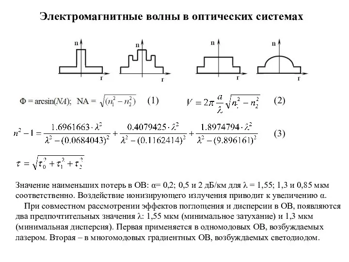 Электромагнитные волны в оптических системах (1) (2) (3) Значение наименьших потерь