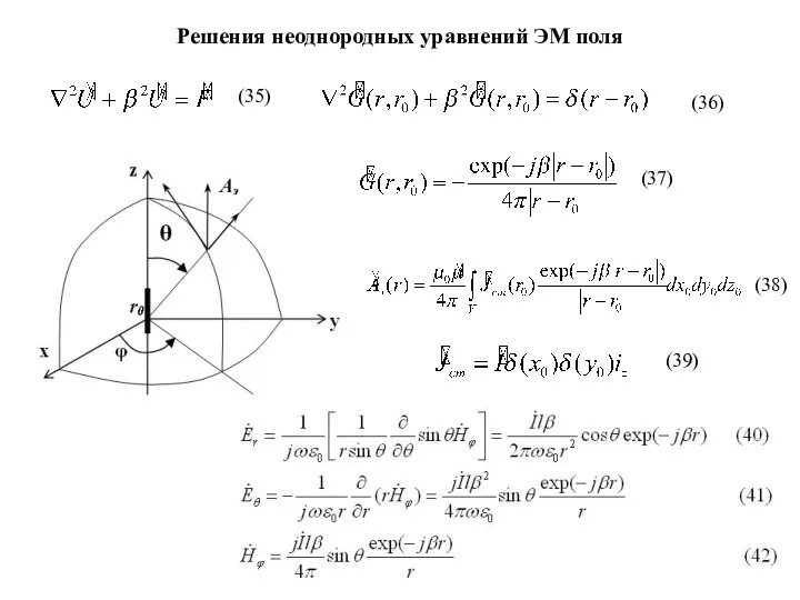 Решения неоднородных уравнений ЭМ поля (35) (36) (37) (38) (39)