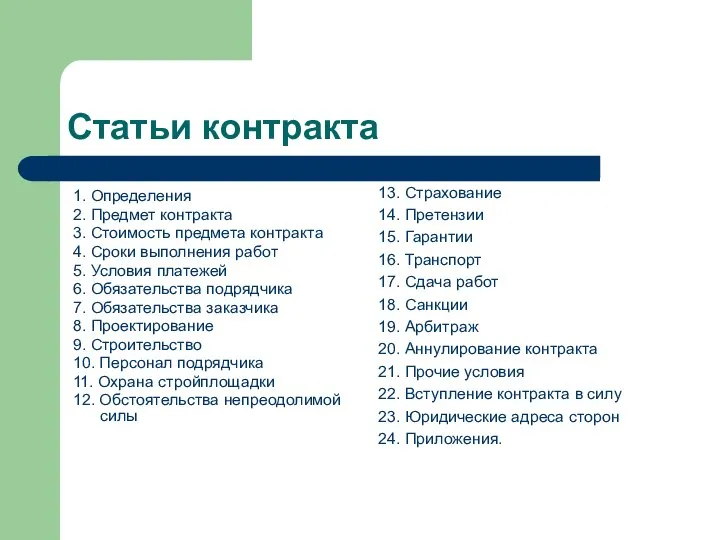 Статьи контракта 1. Определения 2. Предмет контракта 3. Стоимость предмета контракта