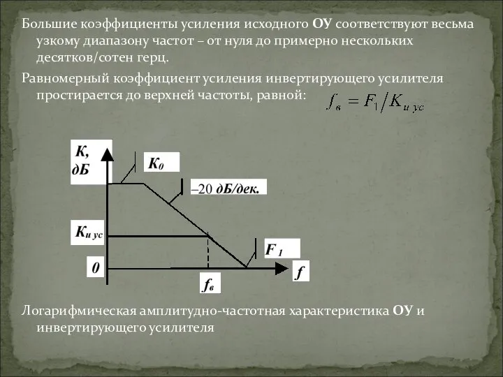 Большие коэффициенты усиления исходного ОУ соответствуют весьма узкому диапазону частот –