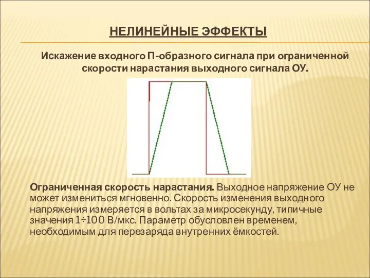 Искажение входного П-образного сигнала при ограниченной скорости нарастания выходного сигнала ОУ.