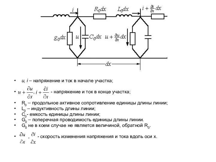 u, i – напряжение и ток в начале участка; , -