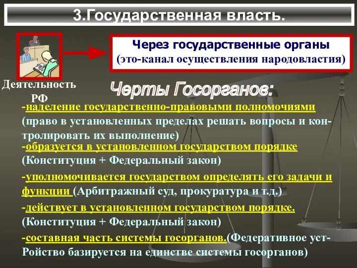 3.Государственная власть. Через государственные органы (это-канал осуществления народовластия) Черты Госорганов: -наделение