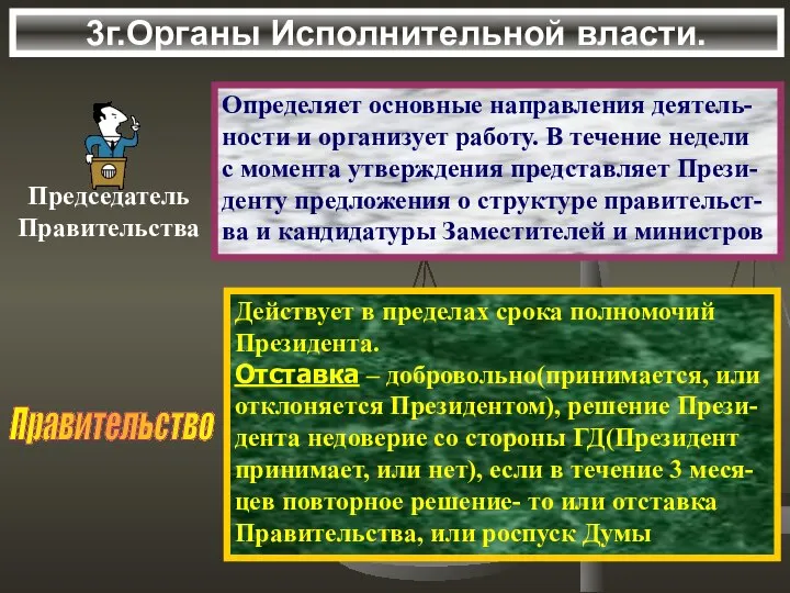 3г.Органы Исполнительной власти. Председатель Правительства Определяет основные направления деятель- ности и