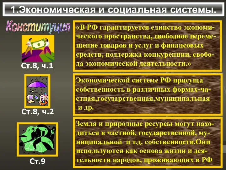 1.Экономическая и социальная системы. «В РФ гарантируется единство экономи- ческого пространства,