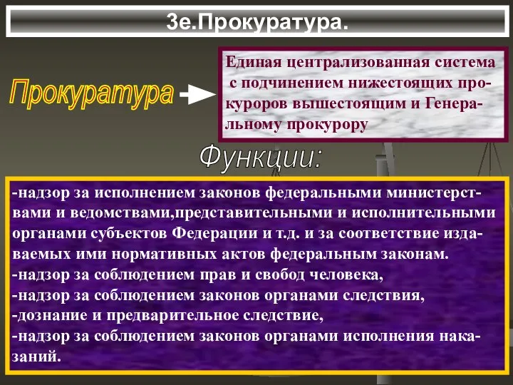 3е.Прокуратура. Прокуратура Единая централизованная система с подчинением нижестоящих про- куроров вышестоящим