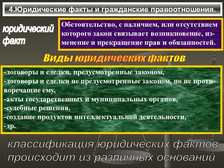 4.Юридические факты и гражданские правоотношения. юридический факт Обстоятельство, с наличием, или