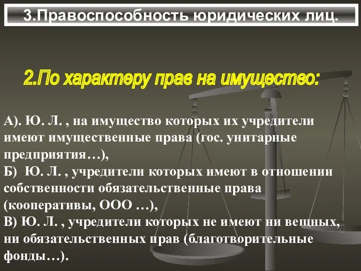 2.По характеру прав на имущество: А). Ю. Л. , на имущество