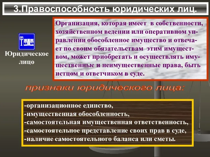 3.Правоспособность юридических лиц. Организация, которая имеет в собственности, хозяйственном ведении или