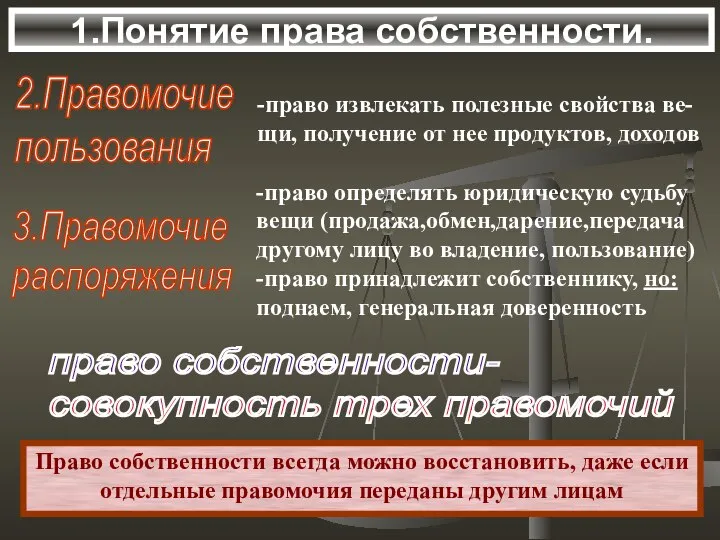 1.Понятие права собственности. 2.Правомочие пользования -право извлекать полезные свойства ве- щи,