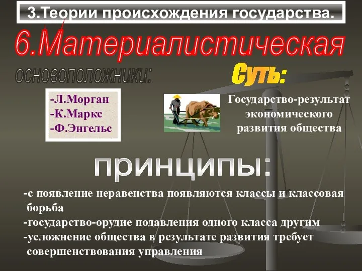 3.Теории происхождения государства. 6.Материалистическая основоположники: -Л.Морган -К.Маркс -Ф.Энгельс Суть: принципы: -с