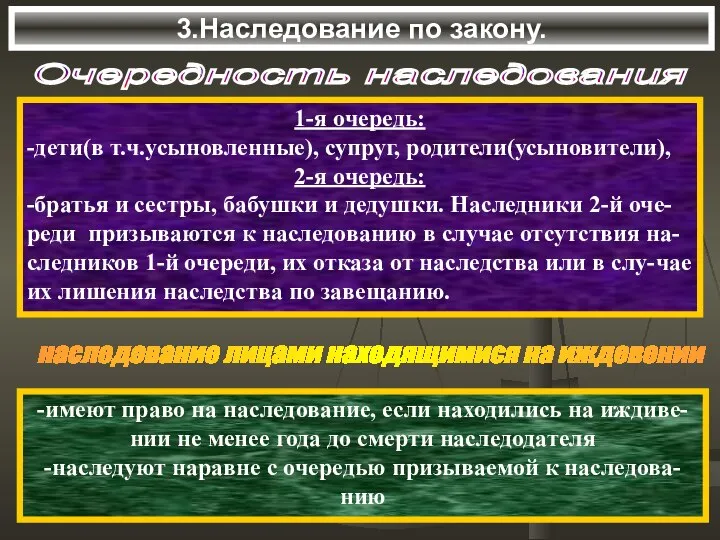 3.Наследование по закону. Очередность наследования 1-я очередь: -дети(в т.ч.усыновленные), супруг, родители(усыновители),