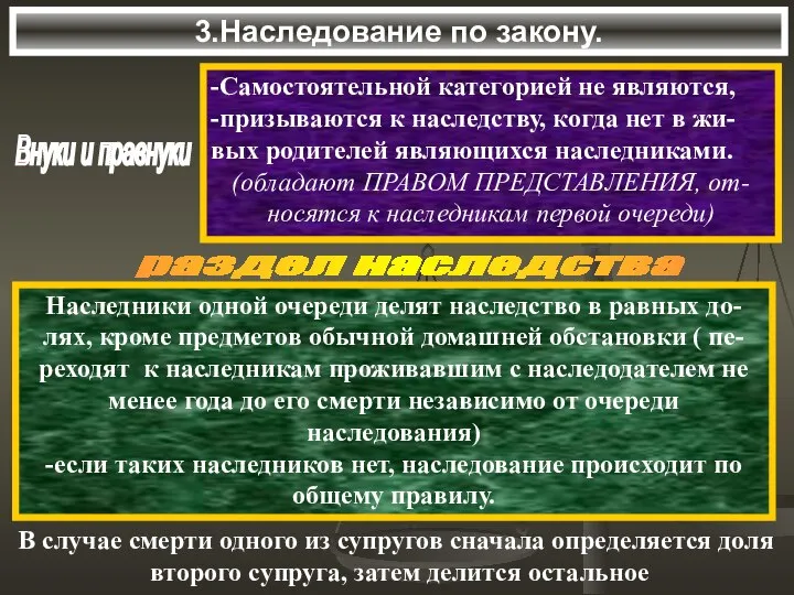 3.Наследование по закону. Внуки и правнуки -Самостоятельной категорией не являются, -призываются