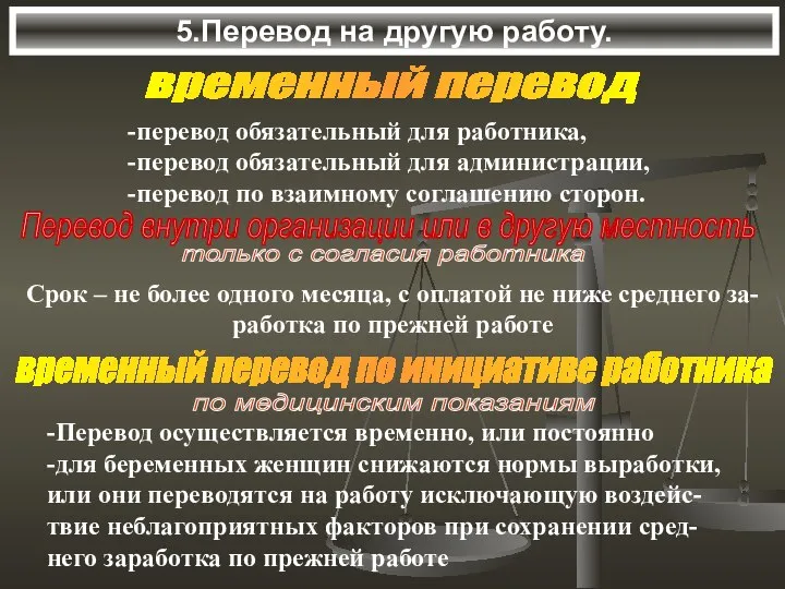 5.Перевод на другую работу. временный перевод -перевод обязательный для работника, -перевод