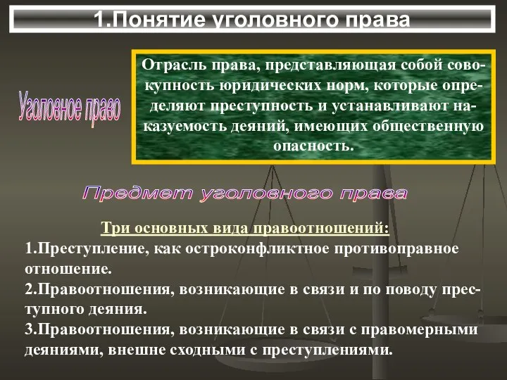 1.Понятие уголовного права Уголовное право Отрасль права, представляющая собой сово- купность