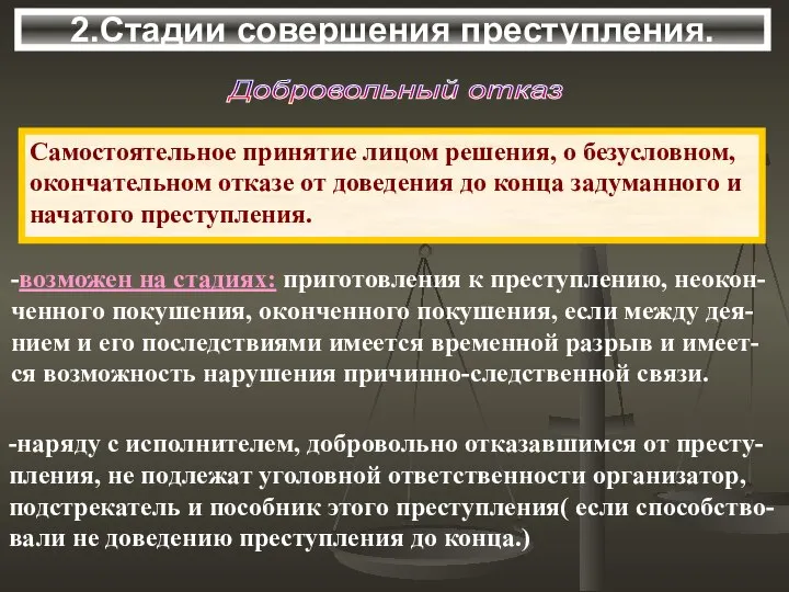 2.Стадии совершения преступления. Добровольный отказ Самостоятельное принятие лицом решения, о безусловном,