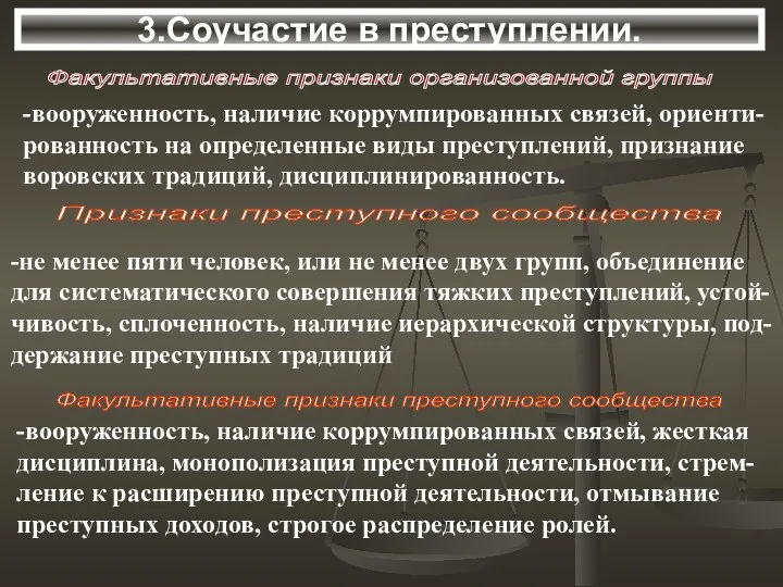 3.Соучастие в преступлении. Факультативные признаки организованной группы -вооруженность, наличие коррумпированных связей,