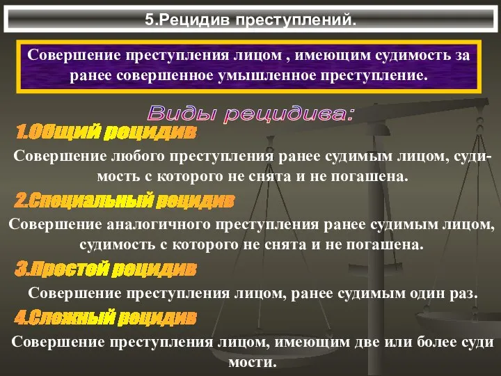 5.Рецидив преступлений. Совершение преступления лицом , имеющим судимость за ранее совершенное