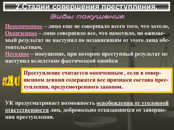 2.Стадии совершения преступления. ст.29, ч.1 Виды покушения Неоконченное – лицо еще