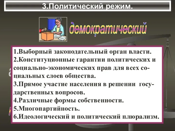 3.Политический режим. авторитарный тоталитарный 1.Выборный законодательный орган власти. 2.Конституционные гарантии политических