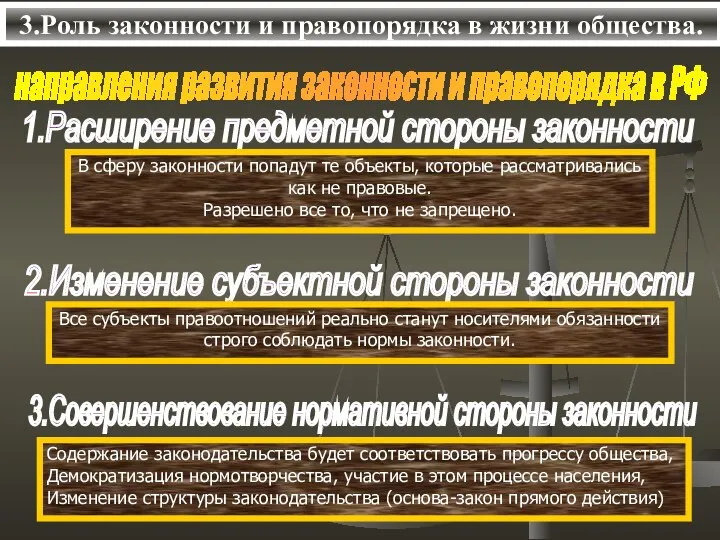 3.Роль законности и правопорядка в жизни общества. направления развития законности и правопорядка в РФ