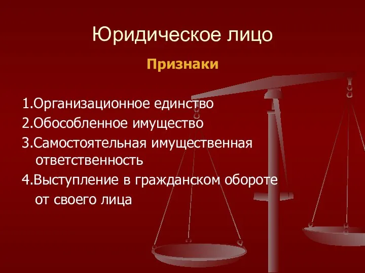 Юридическое лицо Признаки 1.Организационное единство 2.Обособленное имущество 3.Самостоятельная имущественная ответственность 4.Выступление