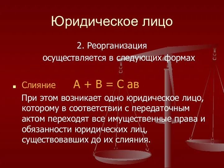 Юридическое лицо 2. Реорганизация осуществляется в следующих формах Слияние А +