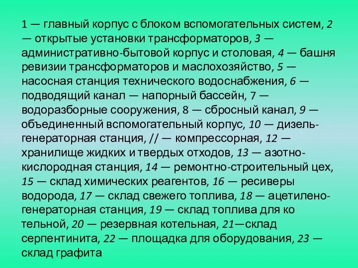 1 — главный корпус с блоком вспомогательных систем, 2 — открытые