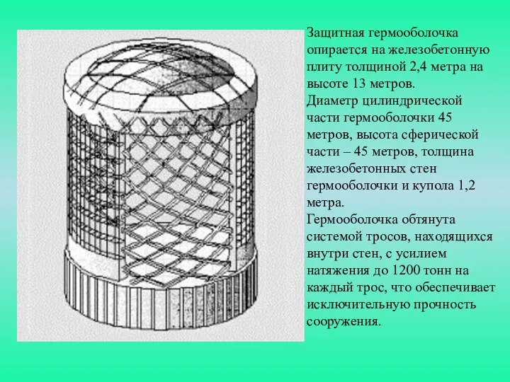 Защитная гермооболочка опирается на железобетонную плиту толщиной 2,4 метра на высоте