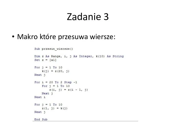 Zadanie 3 Makro które przesuwa wiersze: