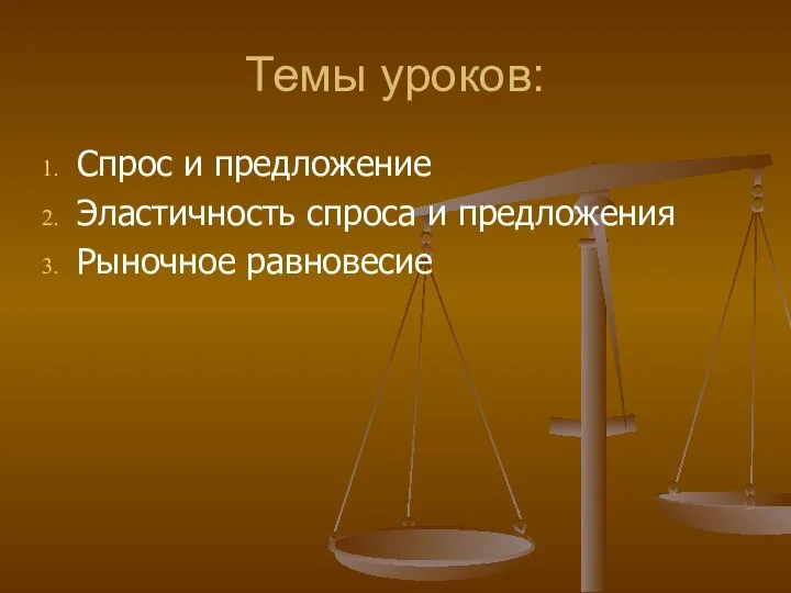 Темы уроков: Спрос и предложение Эластичность спроса и предложения Рыночное равновесие